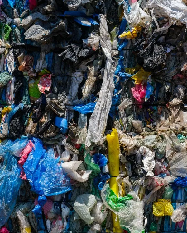 Compacted plastic materials at a recycling centre